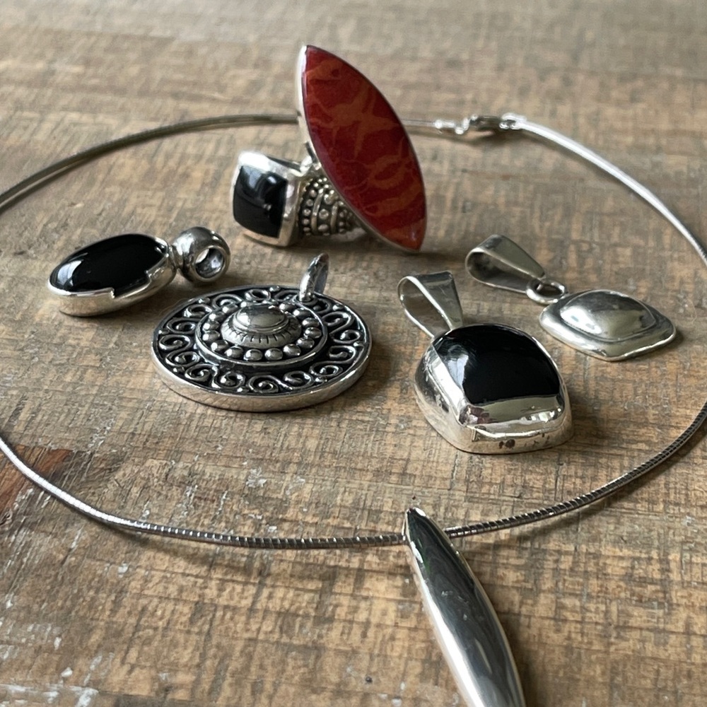 Sterling Jewelry Set necklace, pendants, bangle bracelet and rings